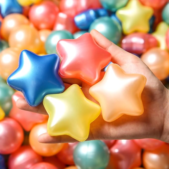 TRENDPLAY Star Ball Pit Balls for Toddlers -50 100 200 Count Star Balls Different Shapes, Non-Toxic Plastic Balls for Safe Play, Boys Girls Festival Party Decoration