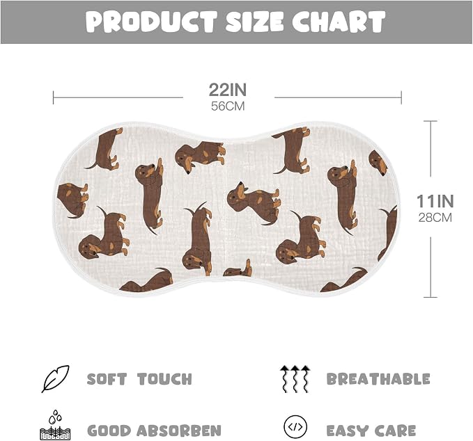 1 Pack Muslin Burp Cloths Dachshund Dogs Cute Cotton Baby Burp Cloths Soft Burping Cloth Absorbent Spit Up Rags for Newborn Babies 22x11 Inch