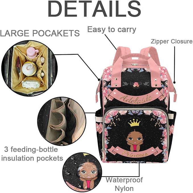 M YESCUSTOM Personalized Name Floral Diaper Bag, Customized Black Nursing Mommy Daypack with Large Capacity Nylon Backpack for Travel Holiday Gift for Women