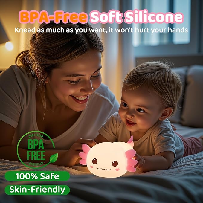 Mewaii Huggwaii Squishy Axolotl Night Light for Kids ??Dimmable Silicone Axolotl Lamp, 2025 Upgraded Baby Night Light, Rechargeable, 20H Battery Life, Sleep Aid Gift for Toddlers, Girls&Room Decor