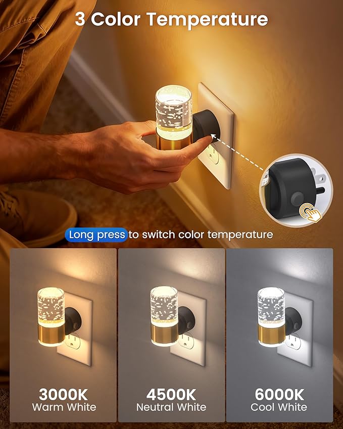NIORSUN Night Light Plug into Wall, Dimmable Nights Lights with 3 CCT & 5 Brightness Levels, Slim Acrylic Plug in Night Light, Auto Dusk to Dawn Sensor for Stairs, Hallway, Bathroom, Gold, 2 Pack