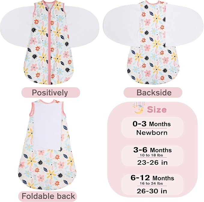 BSTOPPT Newborn Sleep Sack Baby Swaddle,3-6 Months,3-Way Adjustable Wearable Blanket,100% Rayon Cotton Swaddling Sleeping Bag，TOG 0.5（Heart&Floral）