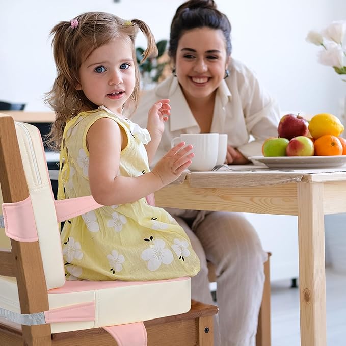 Toddler Booster Seat for Dining Table with Adjustable Straps, Kids Booster Seat for Kitchen Chair with Non-Slip Bottom, PU Anti-Scratch Portable Detachable Increasing Cushion (Pink)