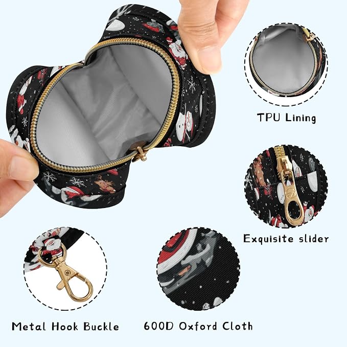 Pacifier Holder with Clip Pacifier Case for Diaper Bag Round Baby Pacifier Pouch Box Bag Portable Black Santa Claus Snowmen Deer