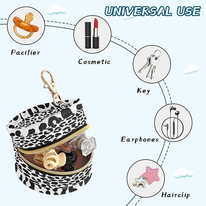 Pacifier Holder with Clip Pacifier Case for Diaper Bag Round Baby Pacifier Pouch Box Bag Portable Black Leopard Print