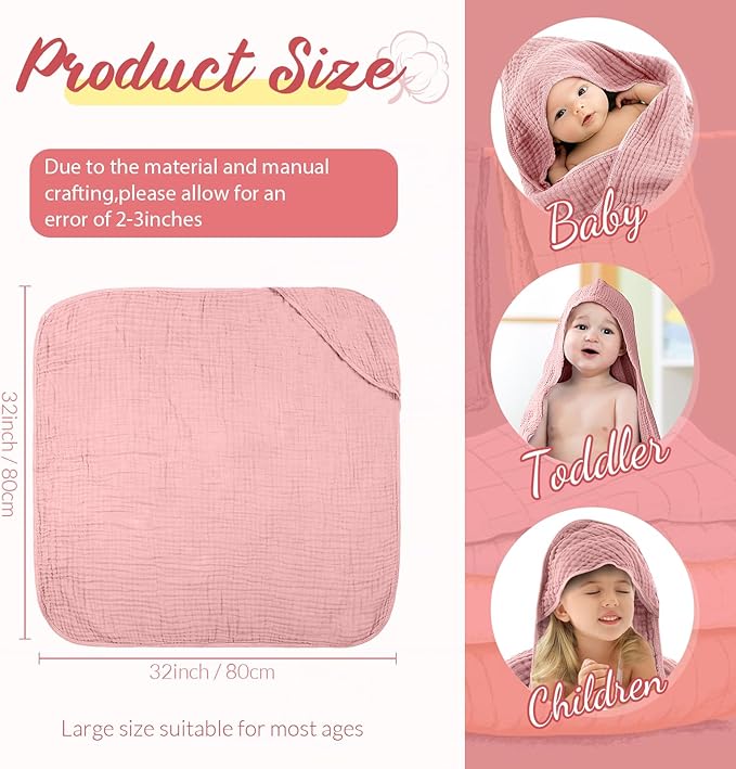 VitalCozy 6 Pcs Baby Muslin Hooded Bath Towels and Washcloths Muslin Cotton Hooded Baby Towels Absorbent Blankets for Gift Newborn Infant Shower (32 x 32 Inch,Dark Pink,Light Brown)