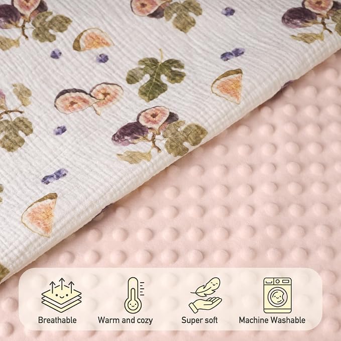 GLLQUEN BABY Blankets for Girls, Soft Muslin Cotton Front Dotted Fleece Backing, Nursery Minky Crib Blanket for Infant Toddler, 30 x 40 inches Throw Blanket, Pink & Fruits