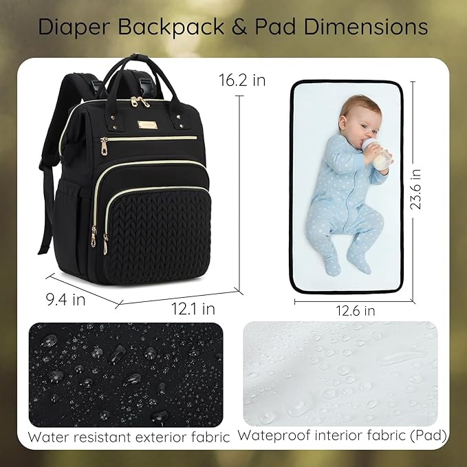 AIJIEKE Diaper Bag, Large Wide-Open Baby Diaper Backpack, Multi-functional Baby Travel Tote Bag, Diaper Bag with Changing Pad, Diaper Bags for Mom & Maternity (Black)