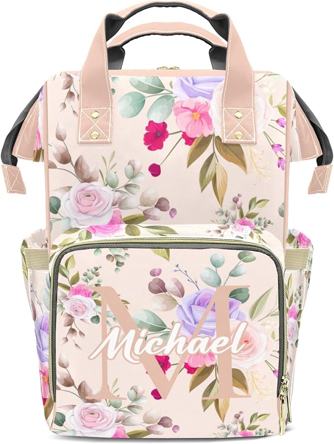 Custom Diaper Backpack, Upgraded Large Capacity Baby Changing Bag, Personalized with Name, Multifuction Mommy Backpack with Insulated Pockets for Boys Girls, Floral