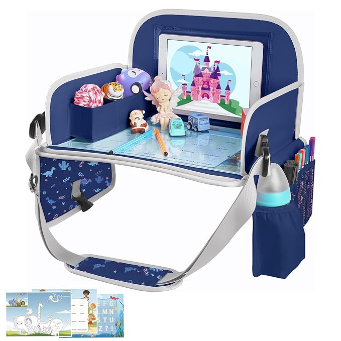 MENZOKE Kids Travel Tray for Toddler Car Seat, Toddler Gift for Boy Activities with Dry Erase Board & iPad Holder Stand, Road Trip Essentials Accessories Lap Tray for Boy as Birthday Gift, Dark Blue