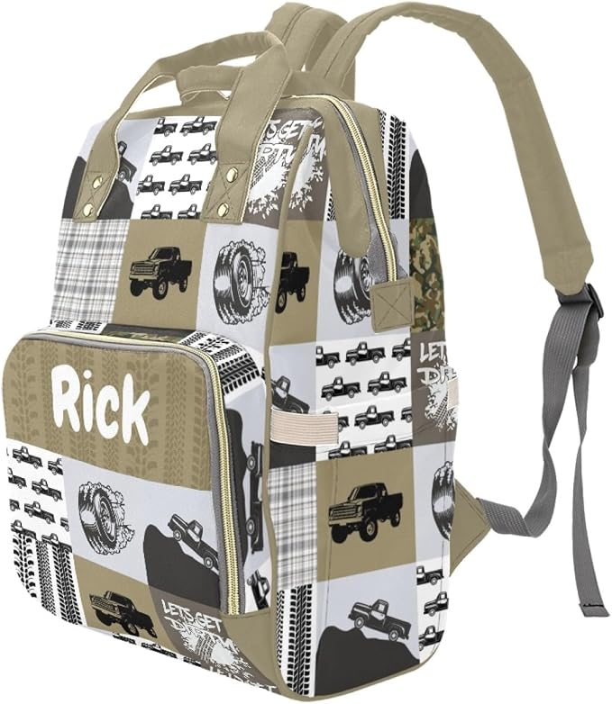 Personalized Truck Diaper Bag Backpack for Baby Boys, Customized Name Nursing Mommy Daypack, Large Capacity Diaper Backpack Travel Bags, New Mom Gifts