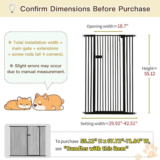 Lumizone Extra Tall Cat Gate 55.12" High Pressure Mounted 29.92"-42.51" Extra Wide 1.37" Gap No Drilling Auto-Close One-Handed Operation Tall Pet Gate for Dogs(Black, 55.12" H x 29.92"-42.51" W)