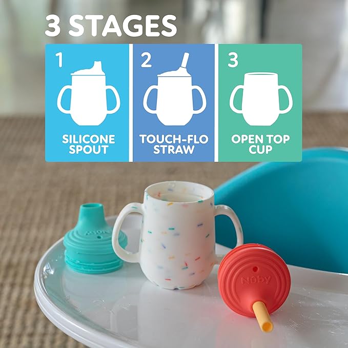 Nuby 3-Stage Training Cup Set - Silicone Tumbler with Spout and Straw Combo - 4 oz - 6+ Months - Neutral