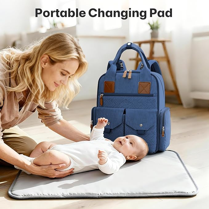 JSTPRO Diaper Bag Backpack - Large Diaper Bag with Portable Changing Pad as Baby Shower Gifts, Lightweight Waterproof Unisex Travel Baby Bag with 4 Insulated Pockets and Stroller Buckles, Dark Blue