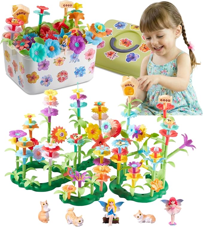 194 Pcs Flower Garden Building Toys, STEM Educational Block Set for Toddlers Ages 3-5, Non-Toxic Stacking Playset with Big Storage Box, Birthday for Preschool Kids