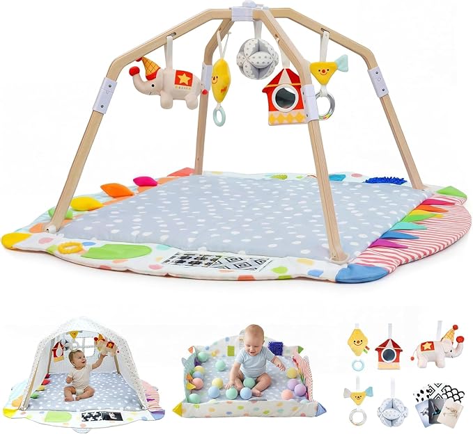 Kizfarm Baby Play Gym Mat, 5 Developmental Zones Wooden Tummy Time Mat, Baby Activity Mat with 5 Detachable Sensory Toys, Stage-Based Development from Newborn Infant, Baby Essentials Shower Gift