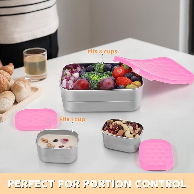 Tanjiae Small Stainless Steel Lunch Containers for Kids | Leak Proof BPA Free Snack Containers with Silicone Lids - Perfect Metal Snack Containers with Lids for School and Daycare (25oz+8oz*2)