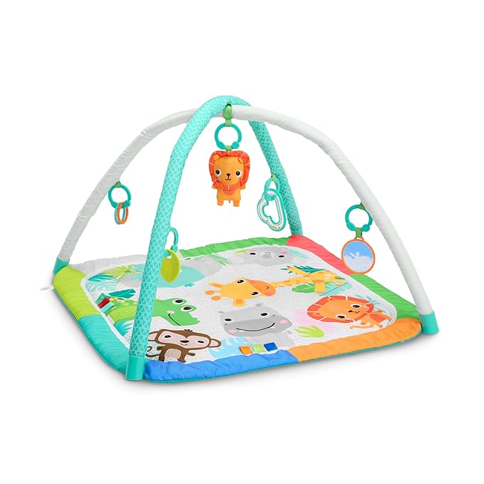 Bright Starts Wild Wiggles Jungle Jubilee Foldaway Activity Gym for Ages Newborn & Up, Unisex Safari Theme with Space Saving Design, 5 Toys Included
