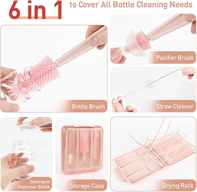 Baby Bottle Brush Set, 6-in-1 Travel Bottle Cleaning Kit with Silicone Bottle Brush, Nipple & Straw Brush, Soap Dispenser, Drying Rack, Storage Box ??Compact Travel Baby Essential for Home & On-The-Go