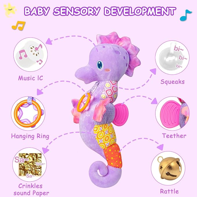 Fuzqq Baby Girl Toys 0-6 Months,Musical Stuffed Animal Plush Toy with Rattle,Soft Newborn Toy for 0 3 6 9 12 Months Girls,Baby Girl Gift,Purple