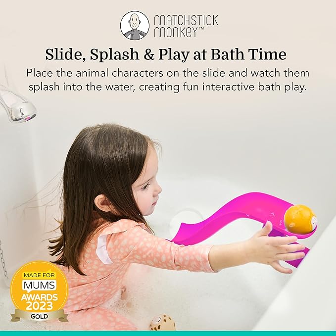 Matchstick Monkey Bath Time Slide Set – Baby Bath Toy, Sensory Learning, Easy-to-Grip Animal Rocks, Encourages Motor Skills & Water Play, BPA-Free, 12 Months+, Pink