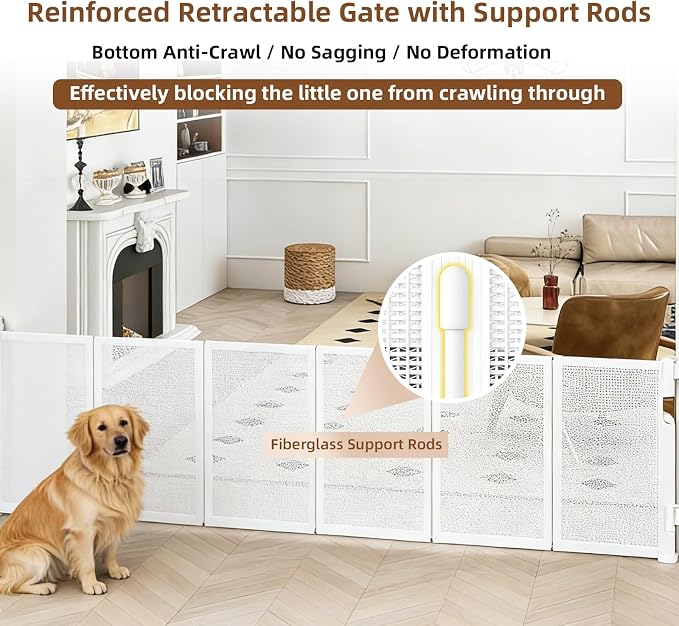 Reinforced Retractable Baby Gate, 118 in Extra Wide x 33 in Tall Mesh Dog Gate with Fiberglass Reinforcement Rods, Hardware Mounted Safety Gate for Doorways, Hallways, Indoor Outdoor, White