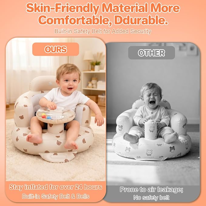 BEBOAN Inflatable Baby Seat with Bell & Clear Tray for 3-36 Months, Portable Upseat Baby Chair with Safety Strap for Sitting Up, Foldable Blow Up Infant Seat, Built-in Air Pump, Beige Bear