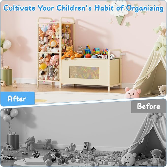 B10 Toy Storage Organizer with Stuffed Animal Storage, Large Toy Box Chest and Stuffed Animal Holder Zoo Organizer with Elastic Ropes for Nursery, Kids Room, Playroom, Bedroom, Beige