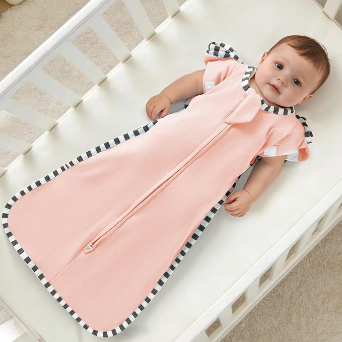 Soft Cotton Swaddle Blanket, Arms Up Baby Sleep Sack, Wearable Sleep Bag for Boys Girls (Pink + Beige, M(3-6 Months))