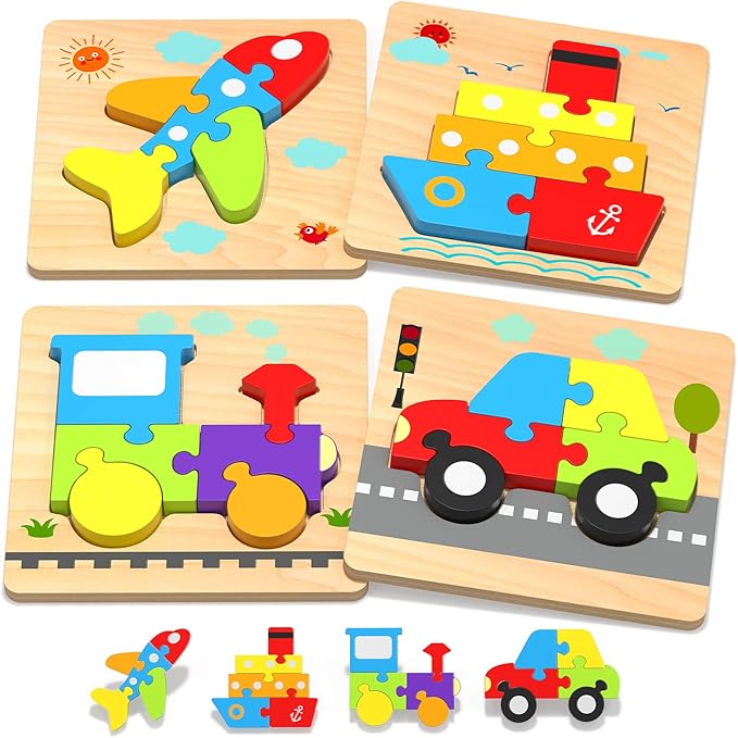 Yetonamr Wooden Toddler Puzzles Gifts Toys for Boys Girls, 4 Vehicle Shape Montessori Toy Educational Blocks Kids Toys Gift Baby Learning Toy