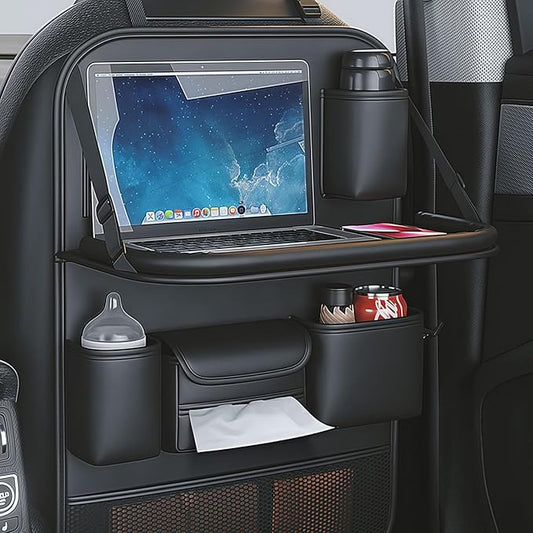 Car Backseat Tray Table with Organizer, Foldable Car Seat Back Organizer with Desk, Nappa Leather, Holds 27 lbs, Laptop Table for Kids Eating, Travel & Office, Waterproof Kick Mats