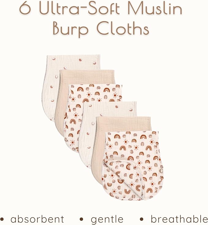 Muslin Burp Cloths Neutral Set, 6 Pack 20"x9" 100% Cotton Burp Cloths Baby Boy and Girl, Large Absorbent Burping Cloth for Babies, Soft Muslin Baby Washcloths, Nursery Gift Set Neutral Rainbow Design