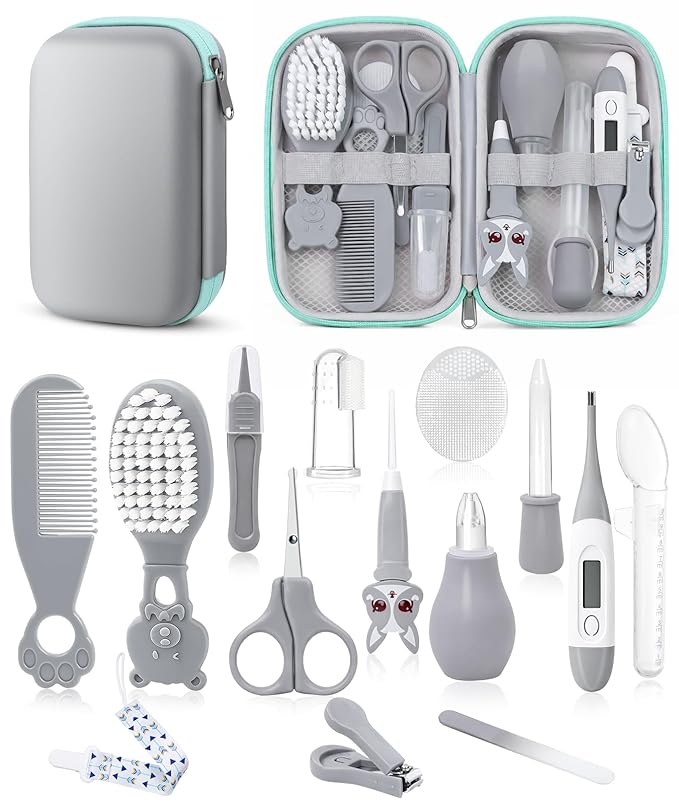 Baby Healthcare and Grooming Kit, Safety Newborn Nursery Baby Care Kit, with Hair Brush Comb, Nail Clipper, Thermometer, Pacifier Clip, Baby Registry Search, Newborn Essentials Girls Boys (Grey)