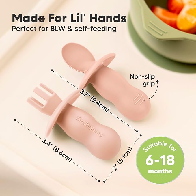 Keababies 4-Pack Silicone Baby Spoons and Forks Set and 2-Pack Baby Bowls with Suctions, Lids - Baby Spoon Self Feeding, BLW Baby Utensils - Silicone Suction Bowls for Baby Boy, Girl