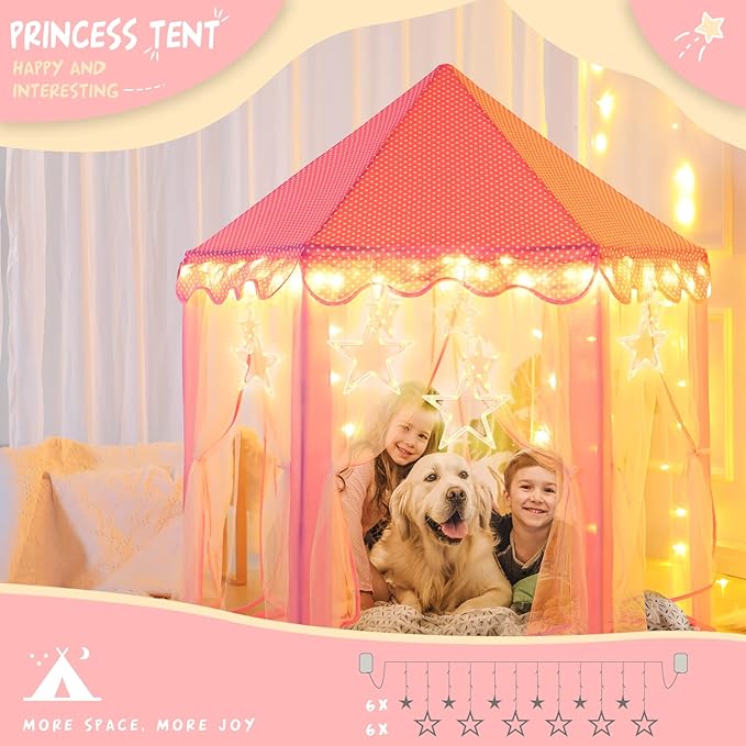 Princess Tent for Girls with Big Star Lights, Kids Playhouse Castle Play Tent, Birthday Girl Gift, Indoor Princess Game (Pink, Big Star Lights)