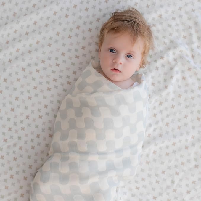 Muslin Swaddle Blankets - Set of 2 Gender Neutral Patterns- Large 47"x47",Organic Cotton & Viscose from Bamboo, Extra Soft Newborn Swaddles, Baby Shower for Boys & Girls (Gray Waves & Crosses)