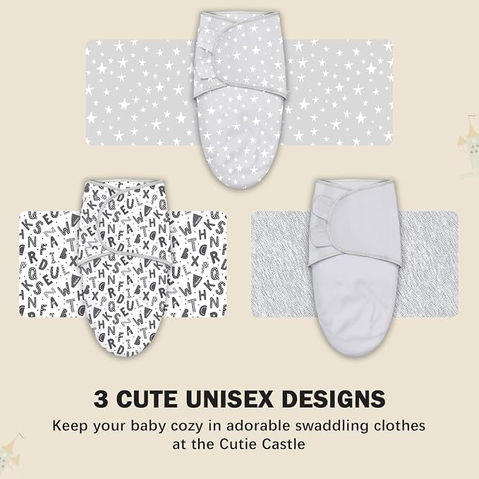 Cute Castle 3-Pack Baby Swaddle Sleep Sacks - Newborn Swaddle Sack - Ergonomic Baby Swaddles Blanket Warp for Boys and Girls - Baby Essentials (0-6 Months - Gray, Letters, Stars)