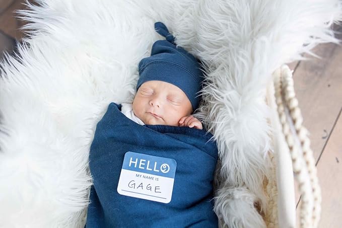 Lulujo Birth Announcement Hat & Swaddle Blanket Set| Unisex Softest Bamboo Viscose Muslin Baby Swaddle Blanket| Receiving Blanket | 47in x 47in| Navy