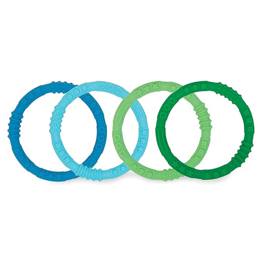 Bumkins Baby Teething Freezer Toy Keys Rings, Soft Flexible Pacifier to Chew, Cool Teether Gum Relief, Babies 3 Months, Freezable, Platinum Cured Silicone, Sensory Bracelet, 4-pk Blue and Green