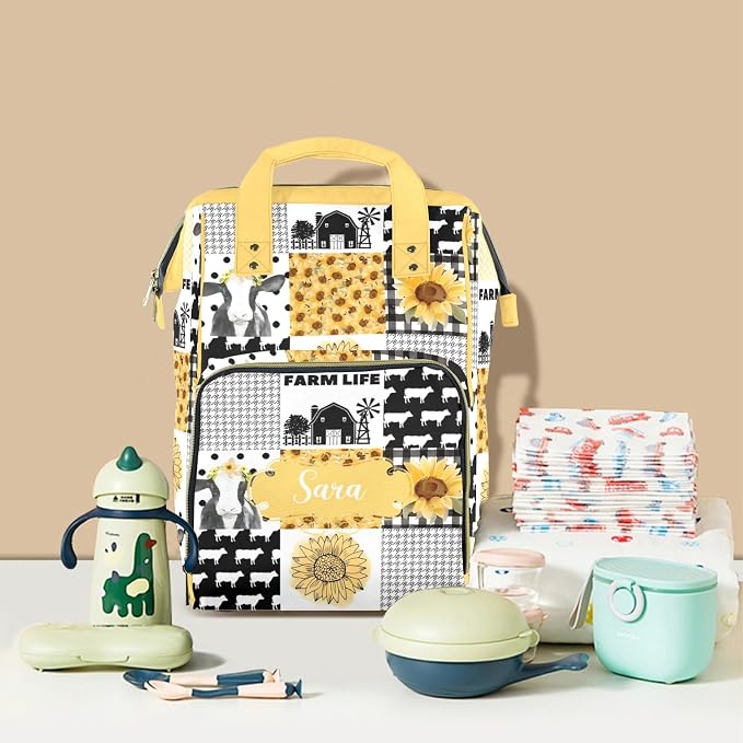 Custom Diaper Bag for Baby Customized Sunflower Cow Baby Bag Personalized Nursing Bags with Name Custom Name Mommy Daypack Bag Tote Bag Gifts
