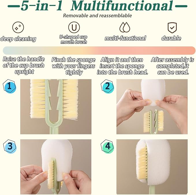5-in-1 Multi-Purpose Cleaning Brush Set, Water Bottle Cleaning Brush Set, Portable Long-Handled Bottle Brush for Wide-Mouth Mugs, Stainless Steel Cups, Baby Bottles, and Travel Tumblers(YELLOW)