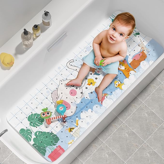 AmazerBath Baby Bath Mat Non Slip, Cartoon Kids Bath Mat for Tub 40 x 16 Inches Full Size, Non Slip Bathtub Mat with Suction Cups and Drain Holes, Shower Stall Mats - Elephant