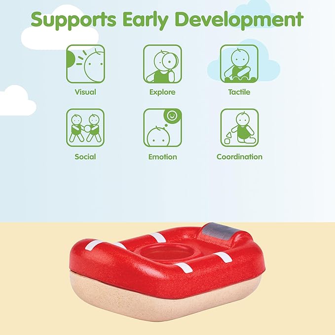 PlanToys® Wooden Whitewater Raft | Waterproof Bath and Water Play Toy | Montessori Toy for Imaginative Play, Coordination and Sensory Development | Eco Friendly Floating Toy