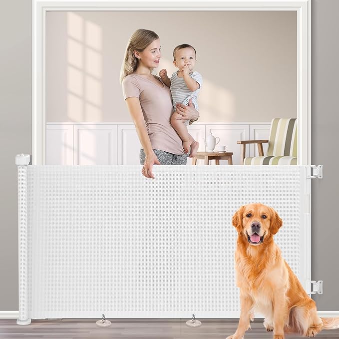 71 inch Retractable Baby Gates, EZIGO Extra Wide Baby Gate for Large Opening Extra Long Mesh Gate for Kids or Pet Dog Gate Child Safety Gate for Stairs Hallways Doorway Indoor Outdoor, White