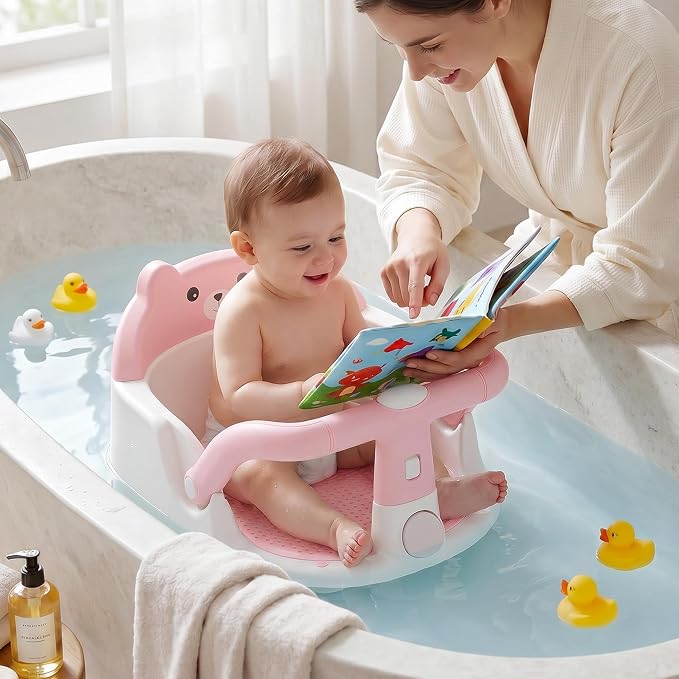 Baby Bath Seat for Babies 6 Months & Up, Non-Slip Toddler Bath Seat with Suction Cup, Baby Friendly and Comfortable Portable Infant Bathtub Chair Sitting Up for Bathroom (Pink)