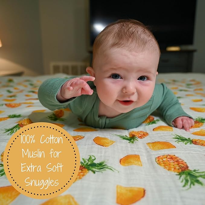 LollyBanks Baby Blanket, 100% Cotton Muslin Swaddle Blankets for Boys and Girls, Large 47 x 47 Inches Baby Swaddle Blanket, Soft and Breathable Baby Receiving Blankets, Registry (Pineapple Print)