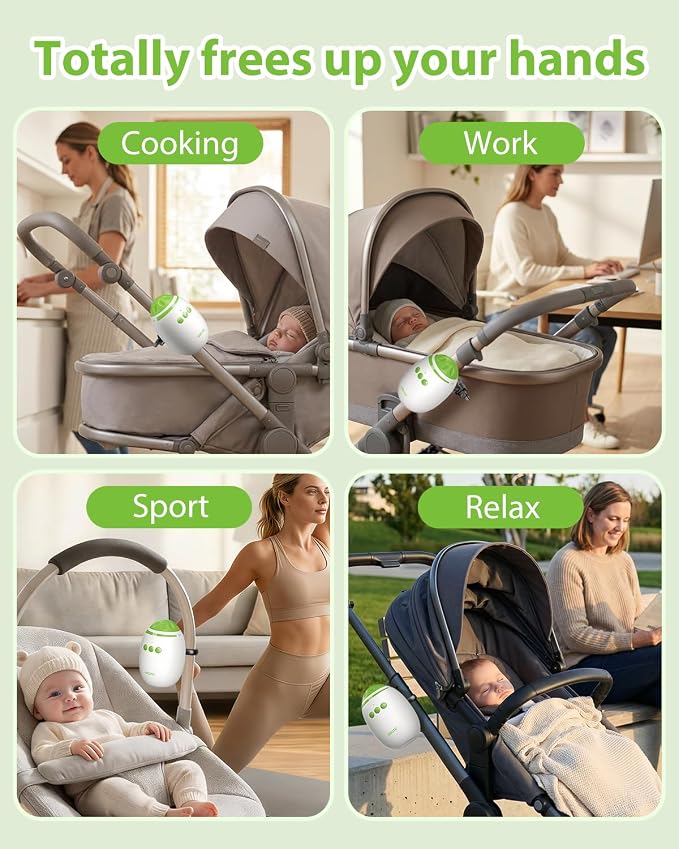 Baby Stroller Rocker with Adjustable Rocking Speed and 11 Soothing White Noise, Hands-Free Rechargeable Sleep Soother Rocker, Portable Accessories for Strollers & Prams, Essential Baby Gear (Green)
