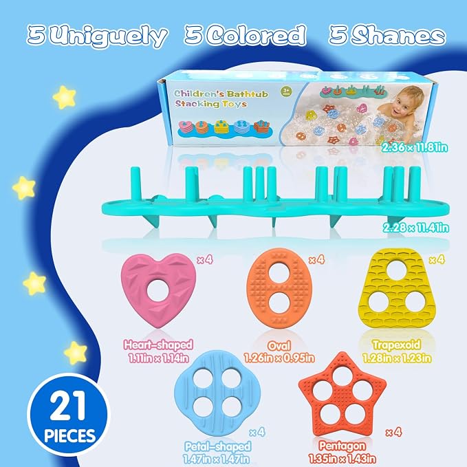 Suction Baby Bath Toys, Mold Free Silcone Shape Sorting & Stacking Bathub Toy, Sensory Toys & Best Gift for Toddlers 3 4 5 Early Learning Bathtub Fun (Geometry)