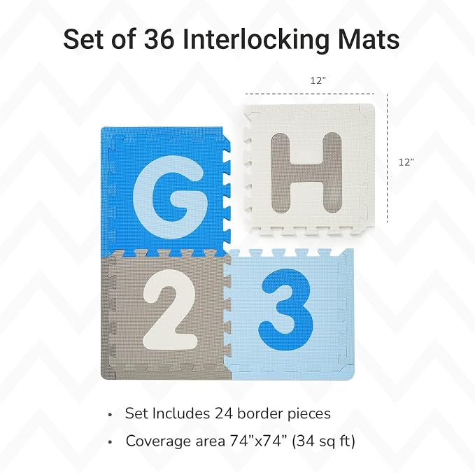 Tadpoles Foam Playmats for Kids, 36 Interlocking Tiles Teach the ABCs and Numbers 0-9, Total Floor Coverage 74” x 74” (36 Sq Ft), For Ages 3 and Up, Colors: Blue/Grey