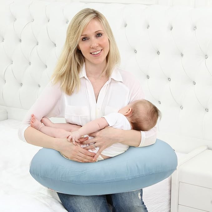 LAT Nursing Pillow for Breastfeeding,100% Cotton Removable Cover,Ergonomic Breast Feeding Pillows for Mom and Baby,Machine Washable(Baby Blue)